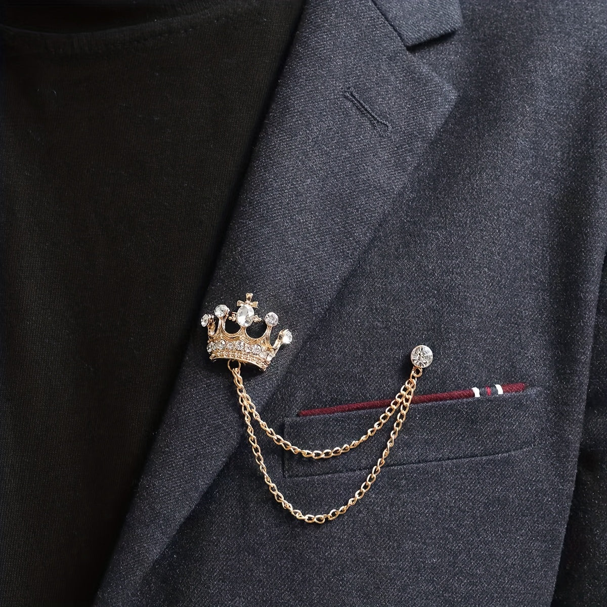 Men's Wedding Crystal Crown Brooch Tassel Chain Lapel Pin Suit Accessory
