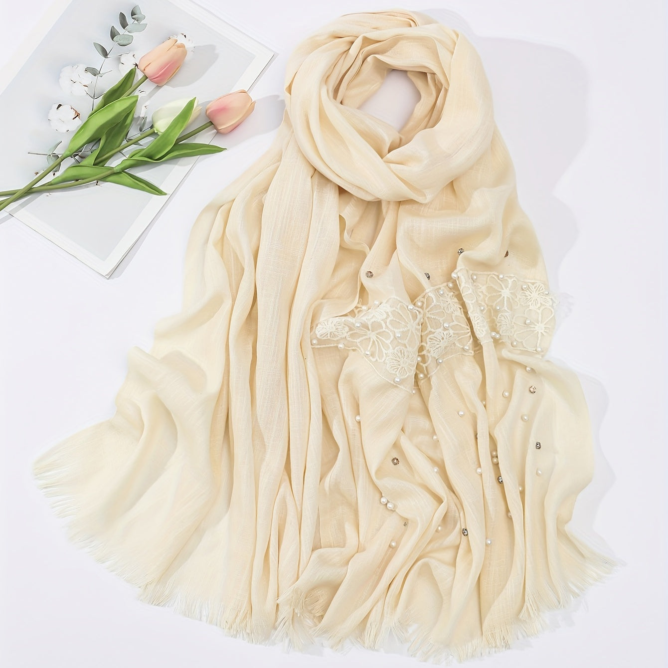 Fringed Lace Pearl Soft Shawl Sunscreen Wrap Casual Travel Scarf