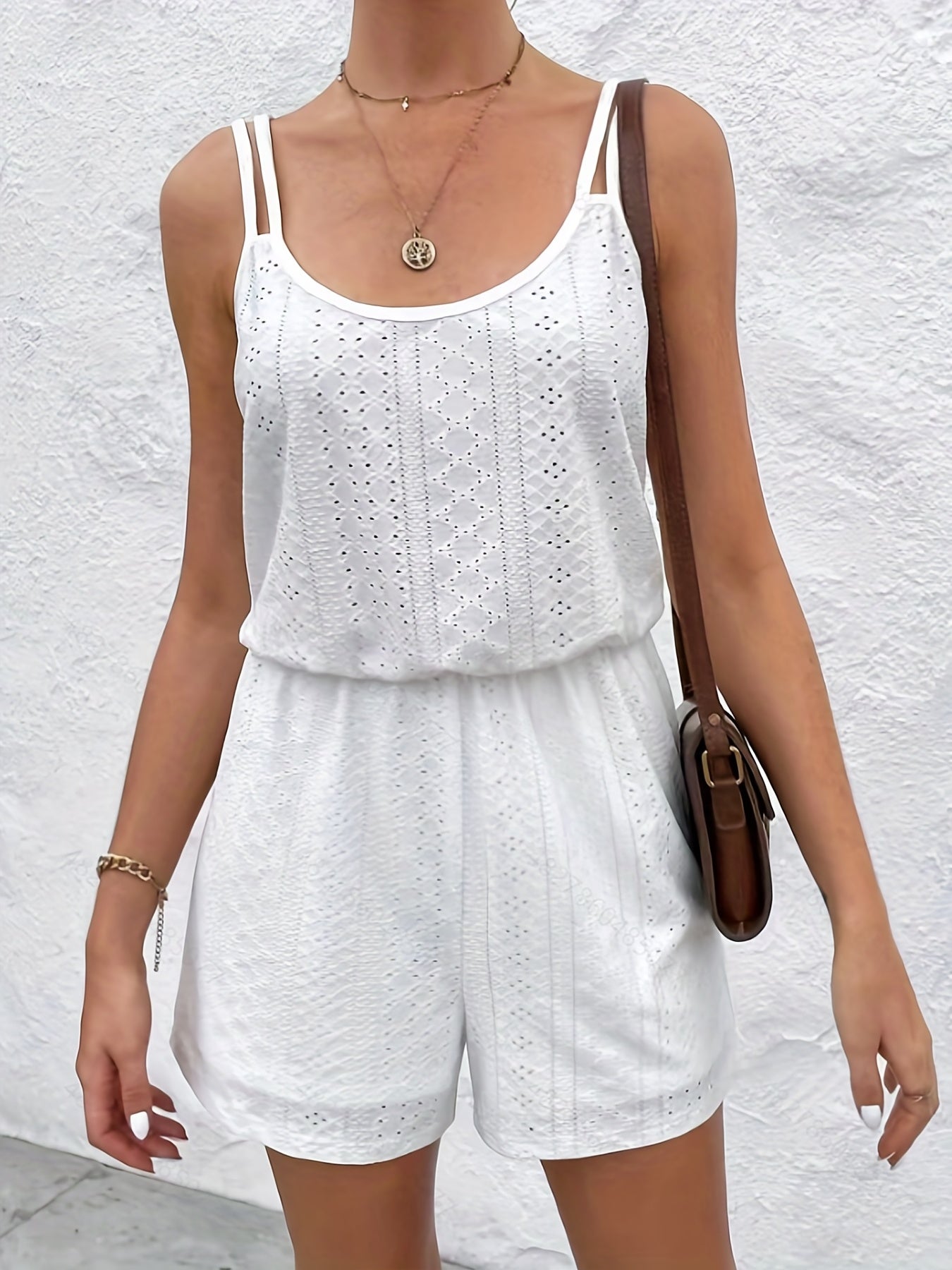 Solid Eyelet Romper Jumpsuit Casual Sleeveless Romper Jumpsuit