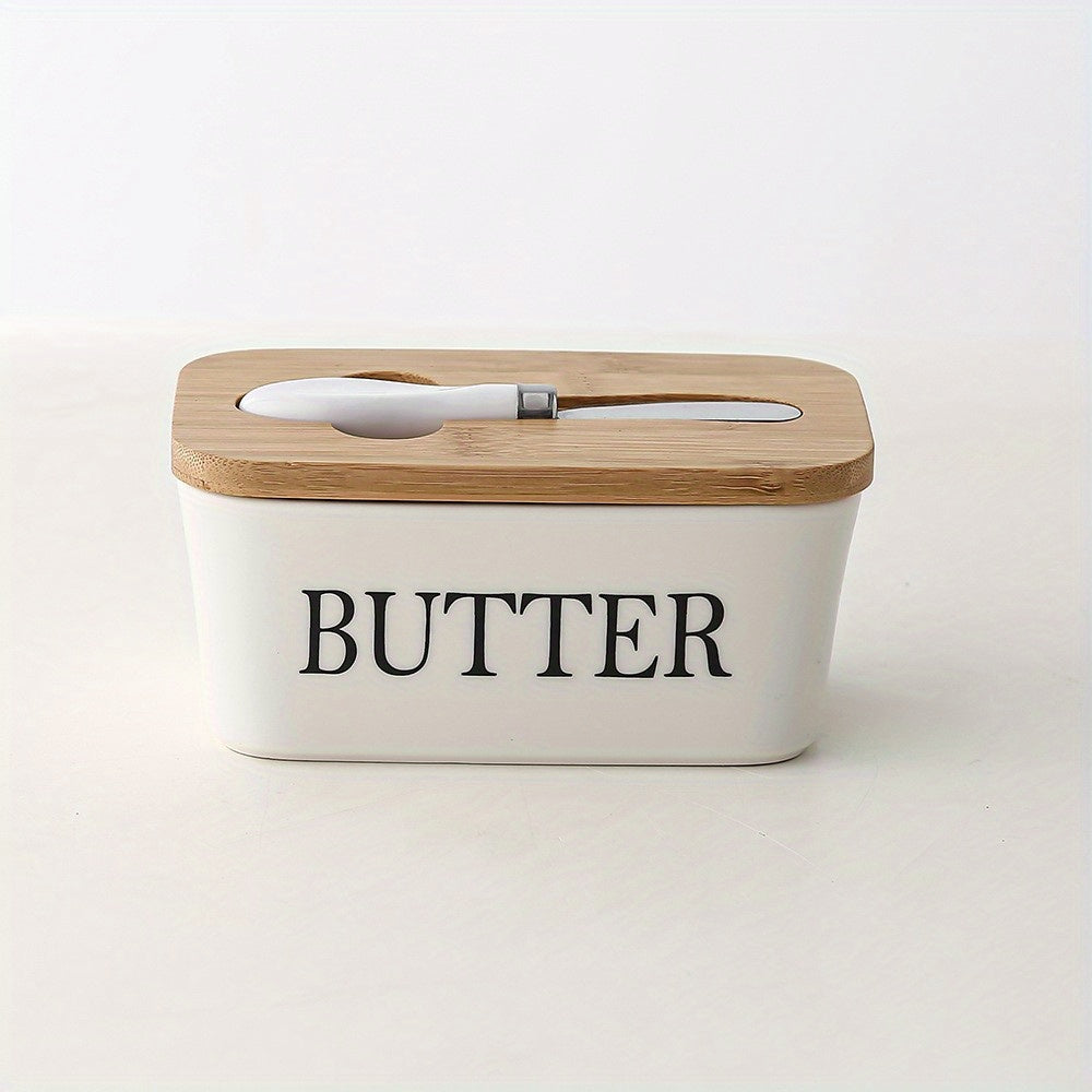 Ceramic Butter Dish with Bamboo Lid and Butter Keeper Container