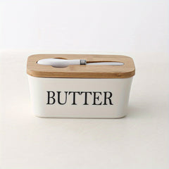 Ceramic Butter Dish with Bamboo Lid and Butter Keeper Container