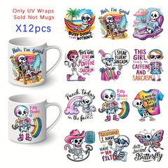 12pcs Fun Skull UV Transfer Decals Waterproof Stickers for Mugs Laptops