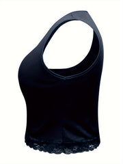  Sexy Tank Top Solid Ruched Lace Trim V Neck Medium Stretch Crop