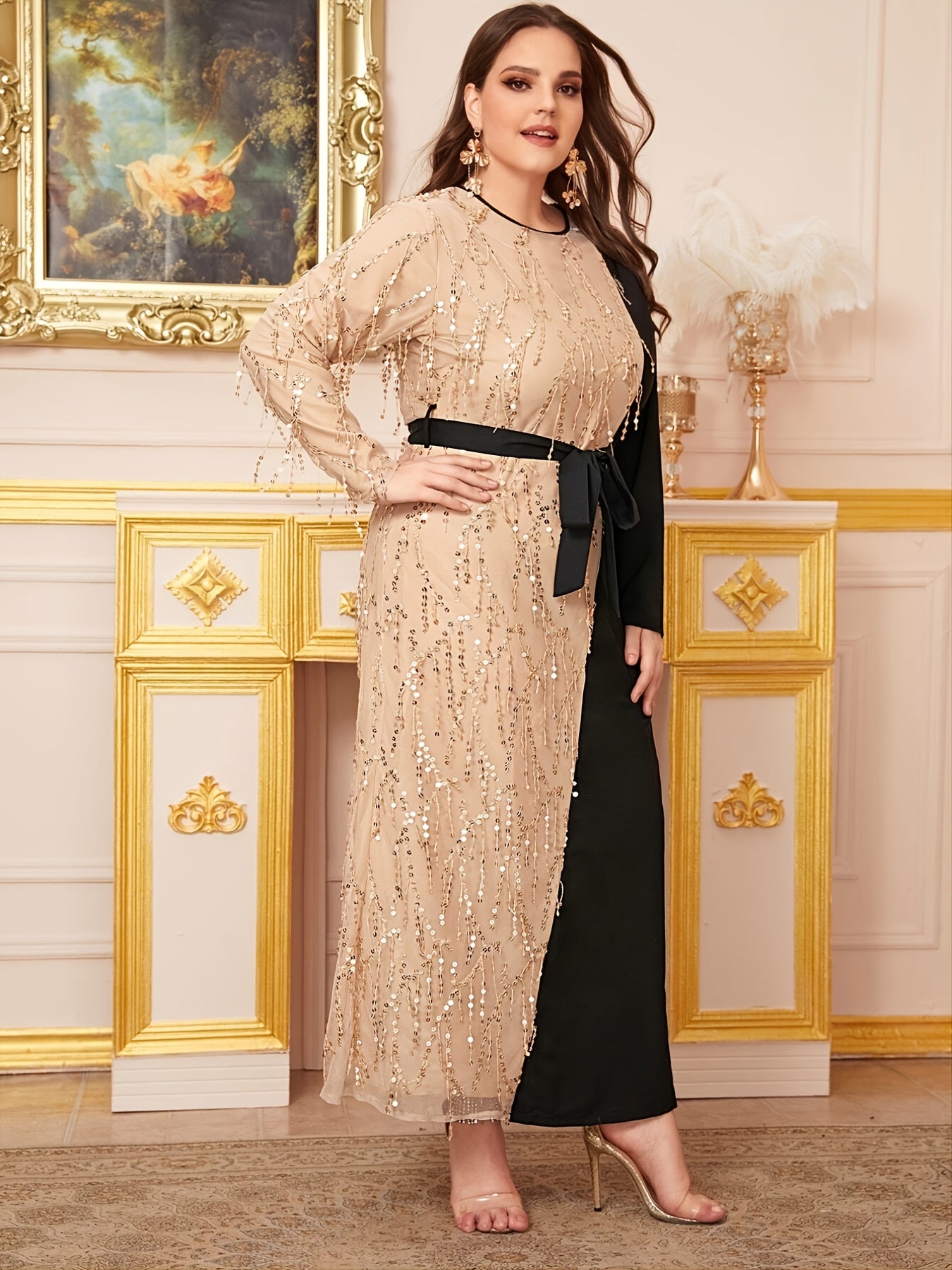 Colorblock Sequin Maxi Dress Plus Size Round Neck Long Dress