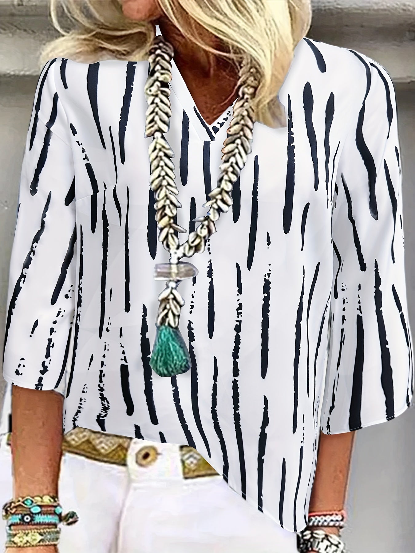  Stripe Print V Neck Blouse Loose Shirt