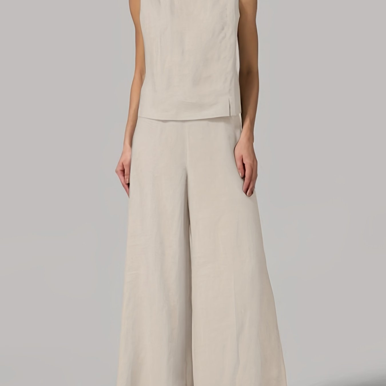 Solid Two-Piece Set Crew Neck Tank Top & Wide Leg Pants