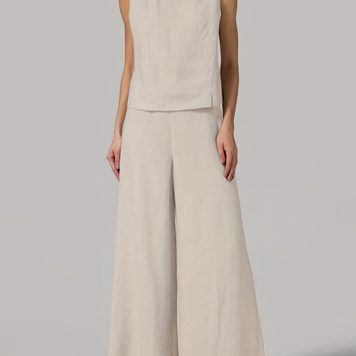 Solid Two-Piece Set Crew Neck Tank Top & Wide Leg Pants