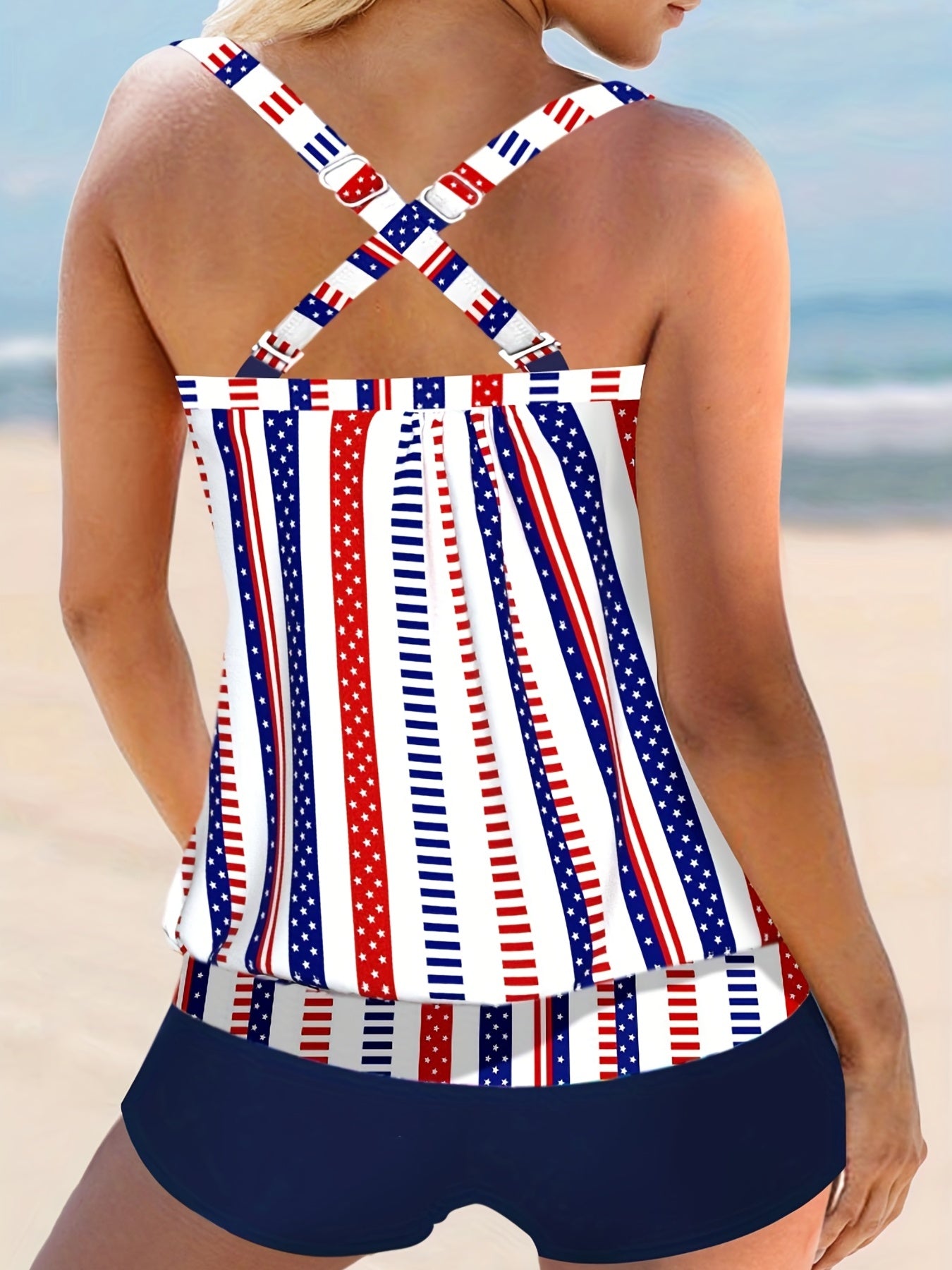  Vacay Tankini Set Women's Plus Striped & Star Print Cami Top & Shorts