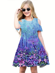 Girls Dreamy Forest Cold Shoulder Dress for Summer Party