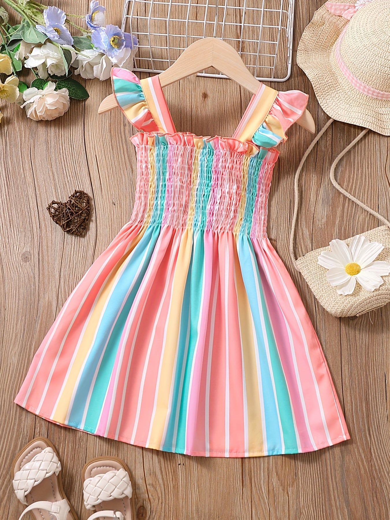 Girls Striped Sleeveless Dress Ruffles Ruched Summer Clothes