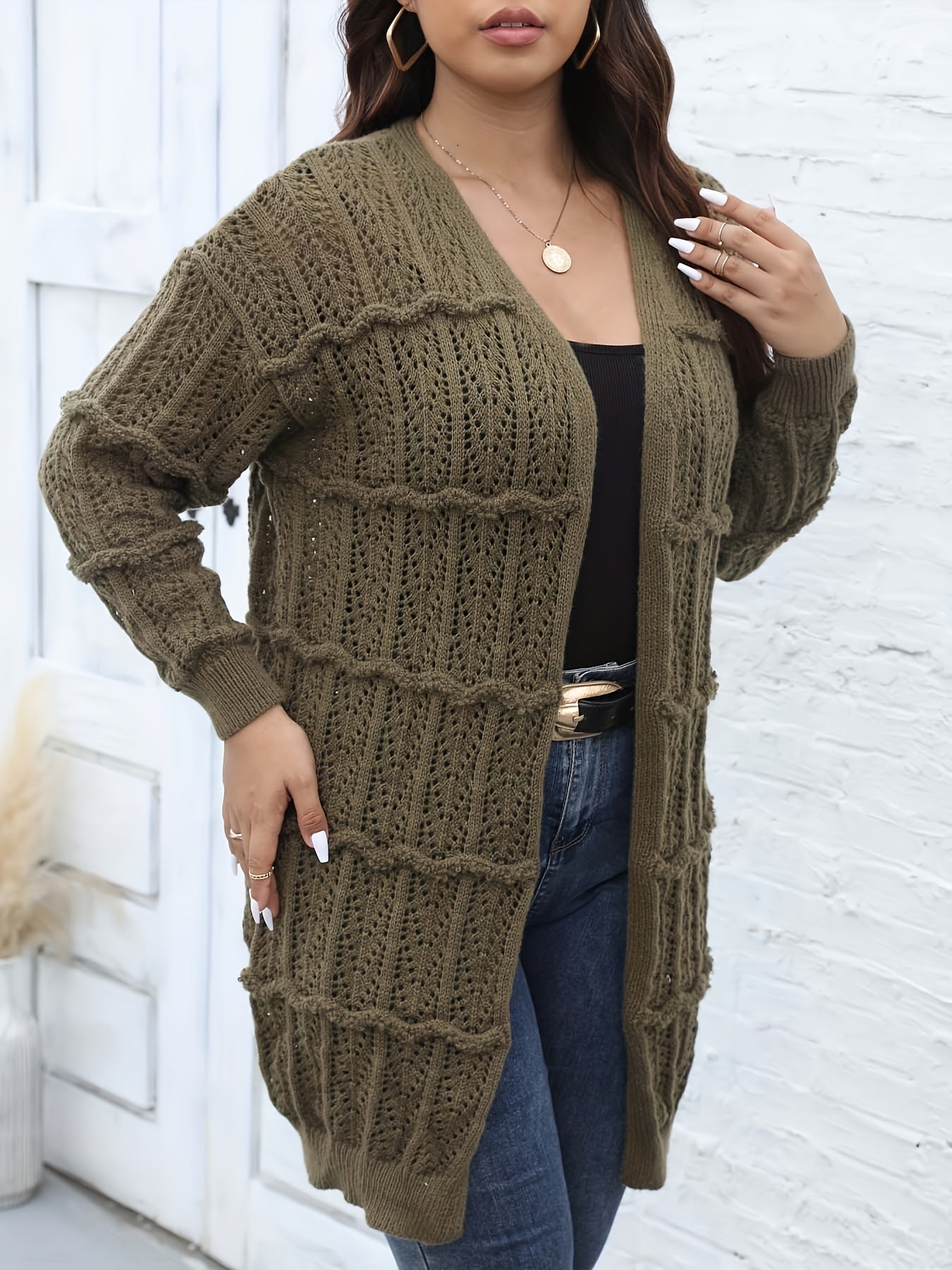  Lantern Sleeve Open Front Knit Duster Cardigan