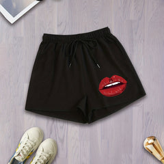  Lip Print Drawstring Sports Shorts Loose Fit