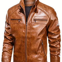 Men's Solid PU Zip Jacket Stand Collar