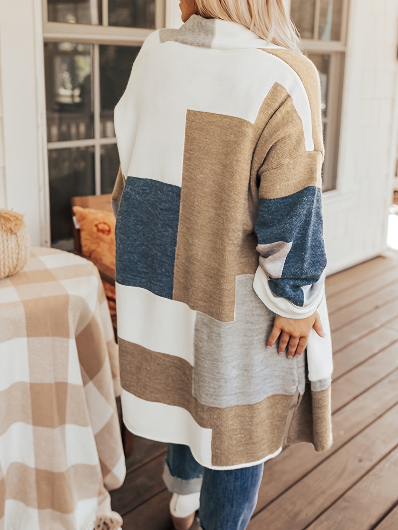  Colorblock Long Sleeve Cardigan With Pockets