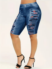 Denim Print Yoga Shorts High Waist Elastic Running Shorts