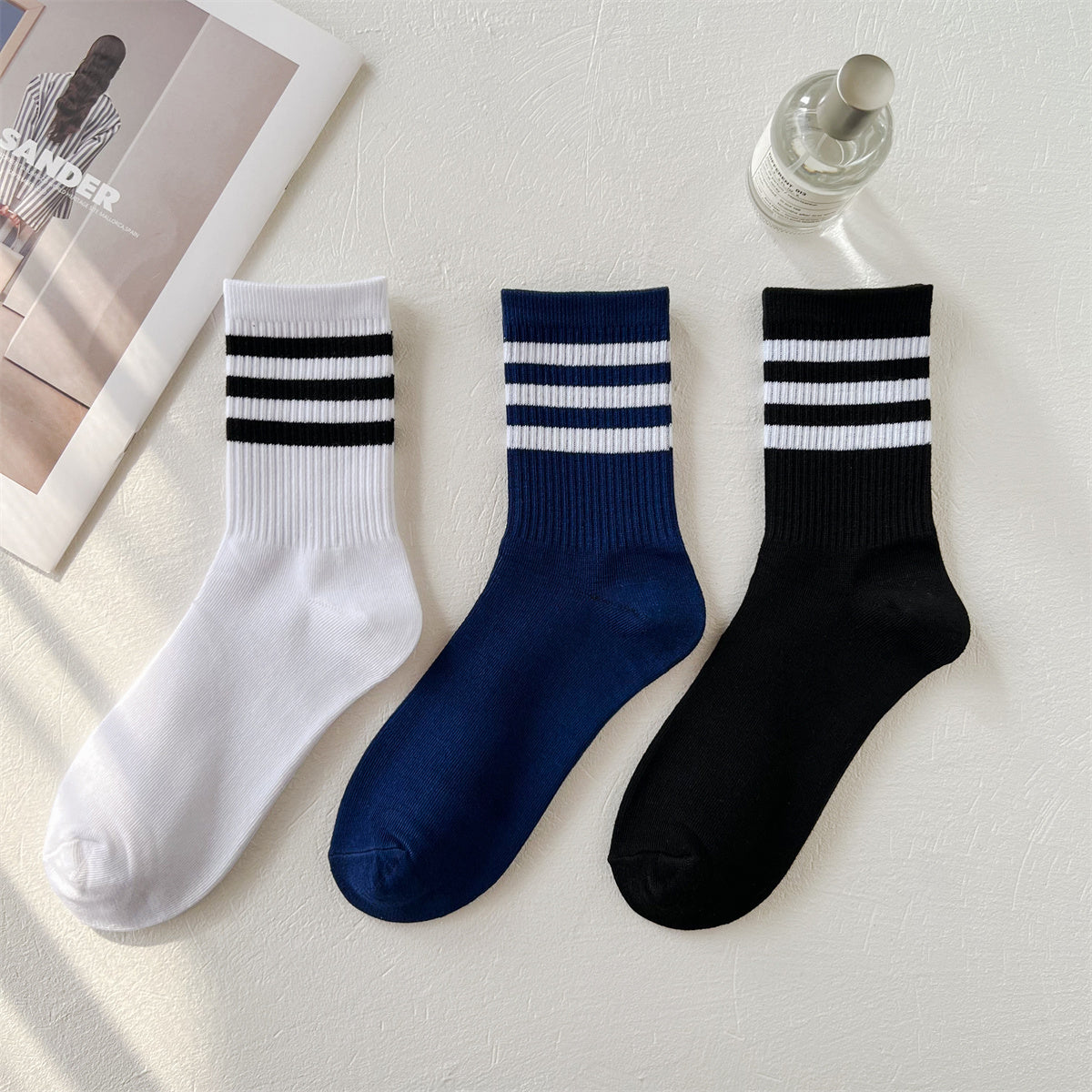3 Pairs Striped Mid Tube Socks Women's Stockings & Hosiery