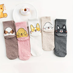 5 Pairs Cartoon Dog Print Socks Women's Mid Tube Stockings Cute & Comfy