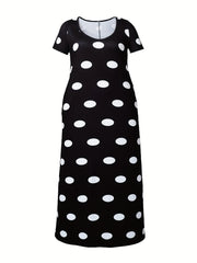  Polka Dot Print Short Sleeve Maxi Dress With Pockets
