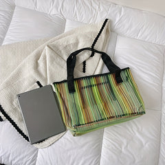 Striped Shoulder Bag Mesh Tote Women's Handbag