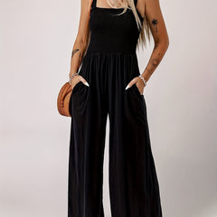  Casual Jumpsuit Women's PlusSolid Shirred Pocketed Wide Leg Tank Jump