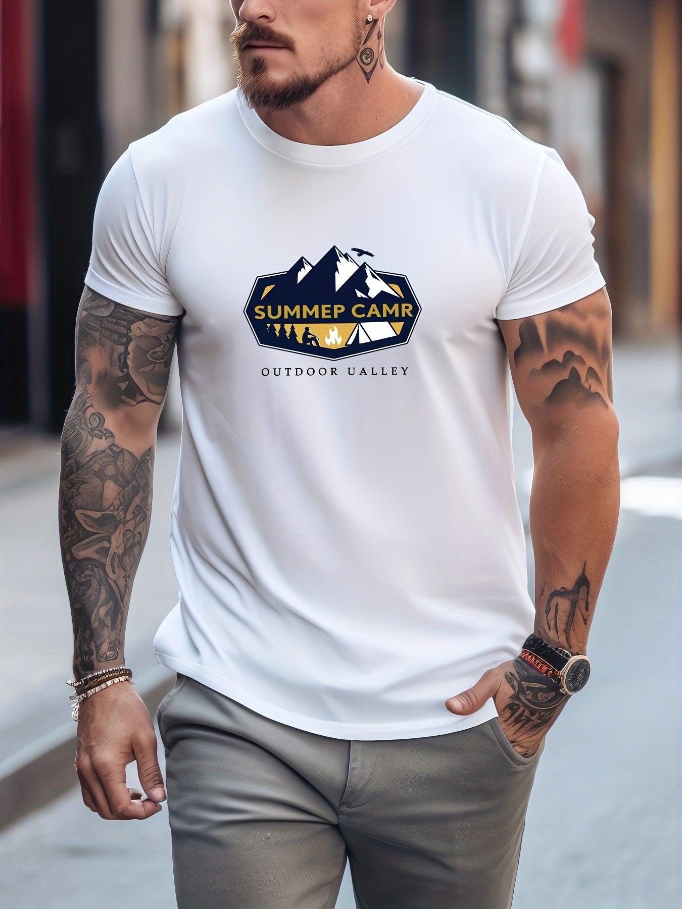 Camping Van Pattern Print Men's T-Shirt Graphic Tee Men's Summer Outdoor