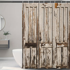 Wooden Door Shower Curtain Waterproof Rust Resistant Grommets Hooks