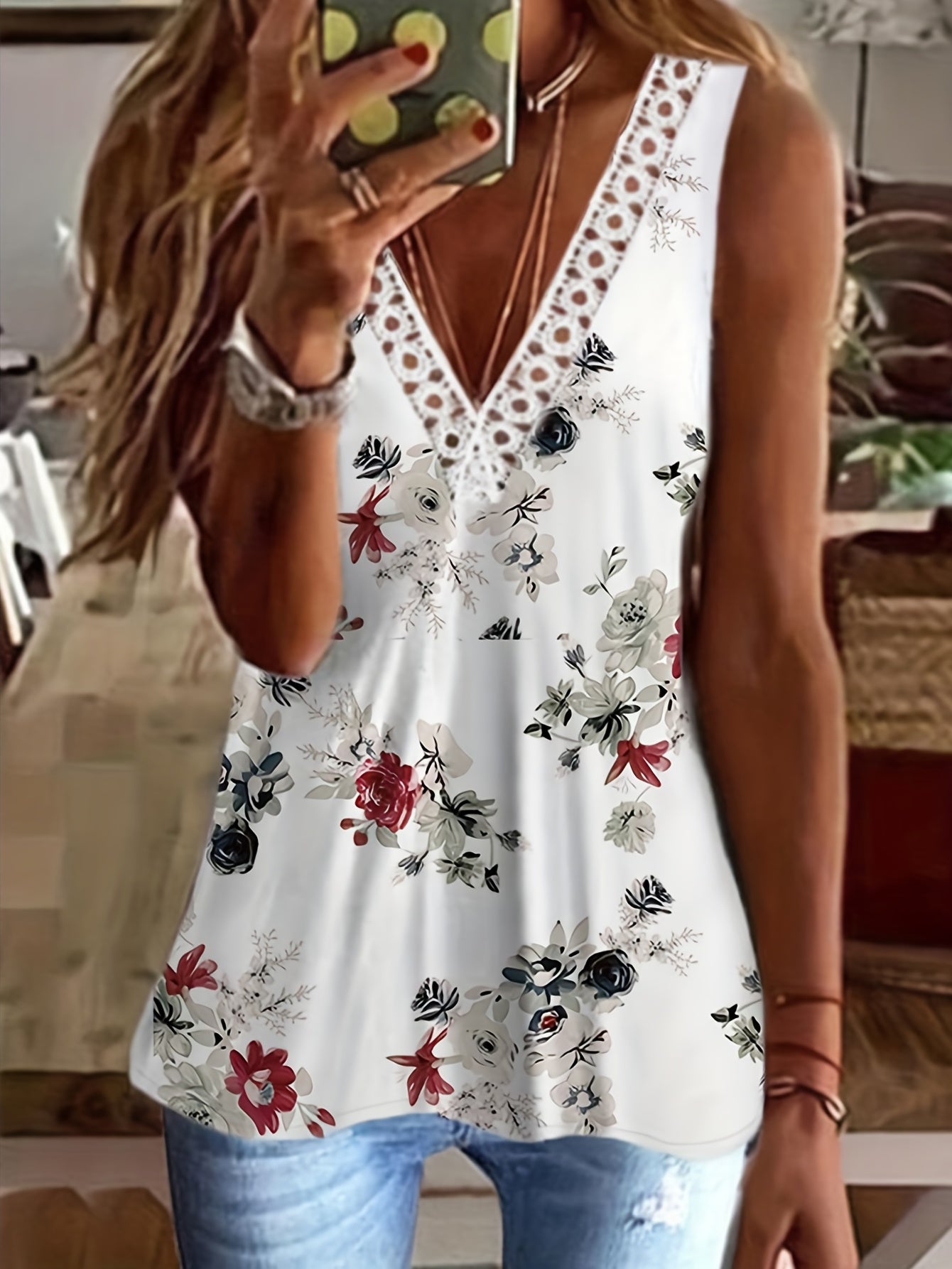 Floral Tank Top V Neck Casual Top For Summer & Spring