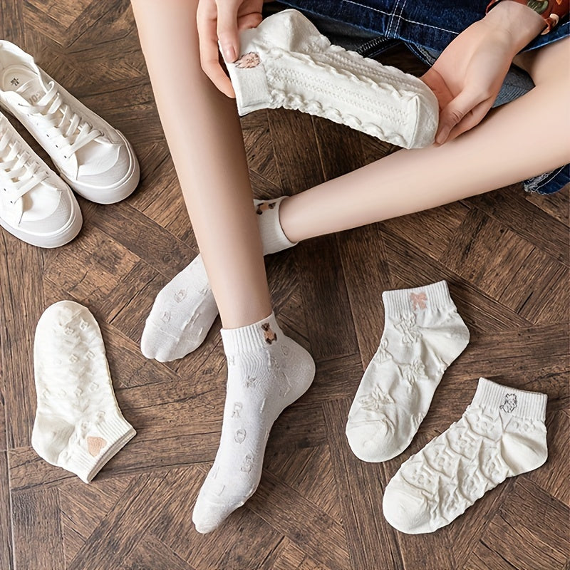 5 Pairs Casual Solid Socks Breathable Animal Pattern Low Cut Ankle Socks