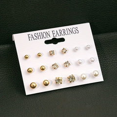 9 Pairs Round Faux Pearl Stud Earrings Set Silver Plated