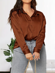 Solid Satin Long Sleeve Button Up Lapel Collar Shirt Top