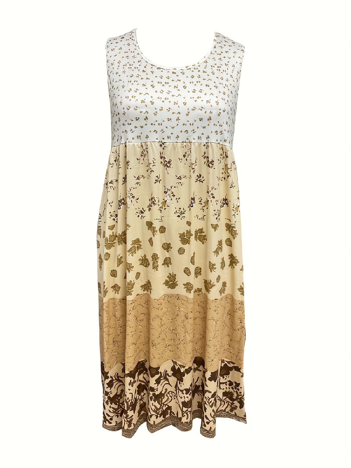  Colorblock Floral Print Round Neck Smock Dress