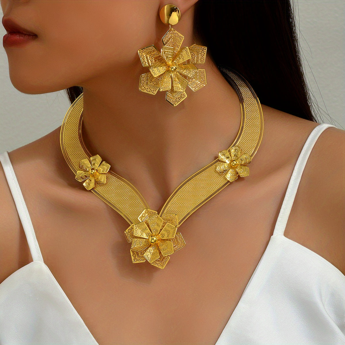 3pcs Exaggerated Jewelry Set 18k Plated Flower African Bride's Wedding Jewelry
