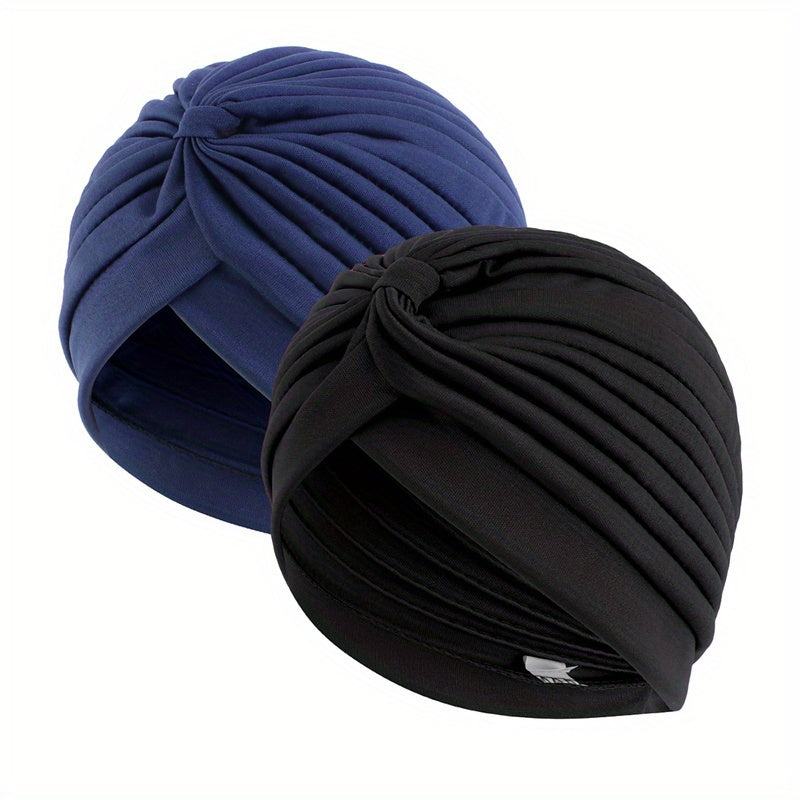 2pcs Solid Turban Cap Pleated Head Wrap Chemo Hats