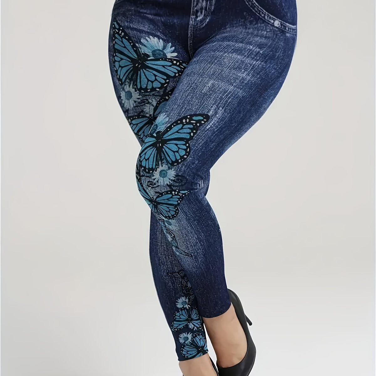  Denim & Butterfly Print High Rise Leggings