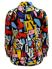  Allover Print Button Up Lantern Sleeve Blouse