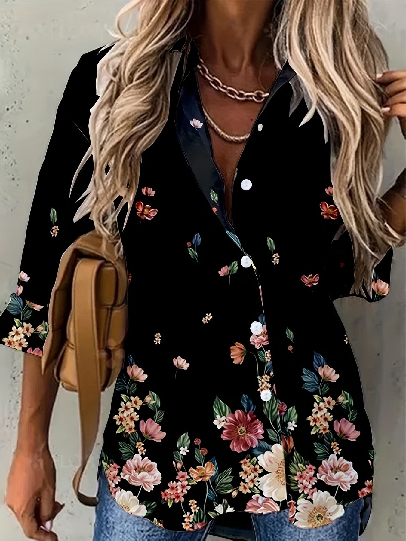  Floral Print Button Up Long Sleeve Blouse