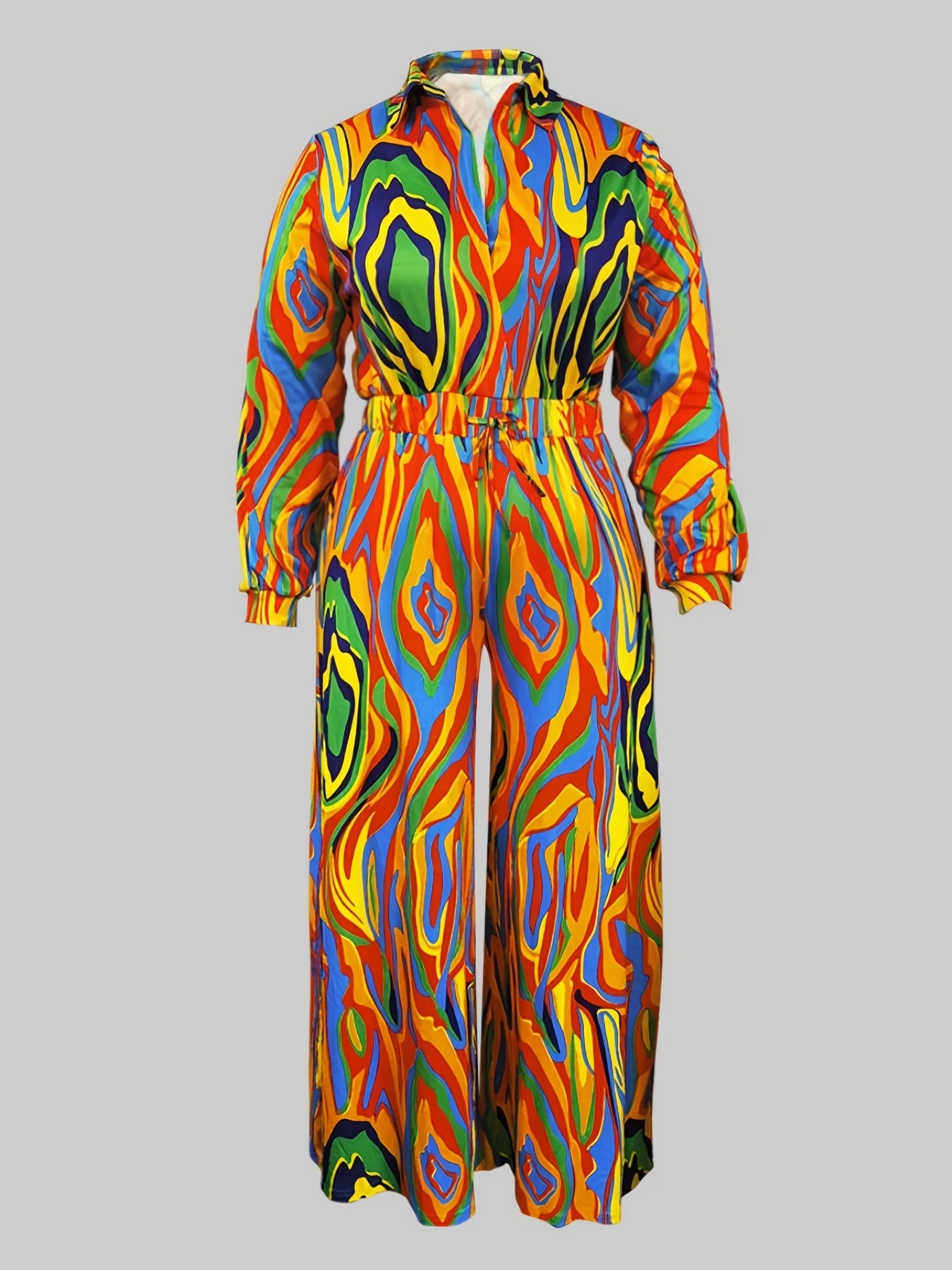  Sexy Jumpsuit Women's Plus Print Long Sleeve Turn Down Collar Jumpsuit