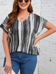  Colorblock Stripe Print Bat Sleeve Blouse
