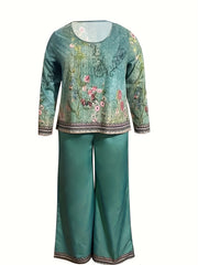  Retro Outfit Set Women's Plus Border Floral Print Round Neck