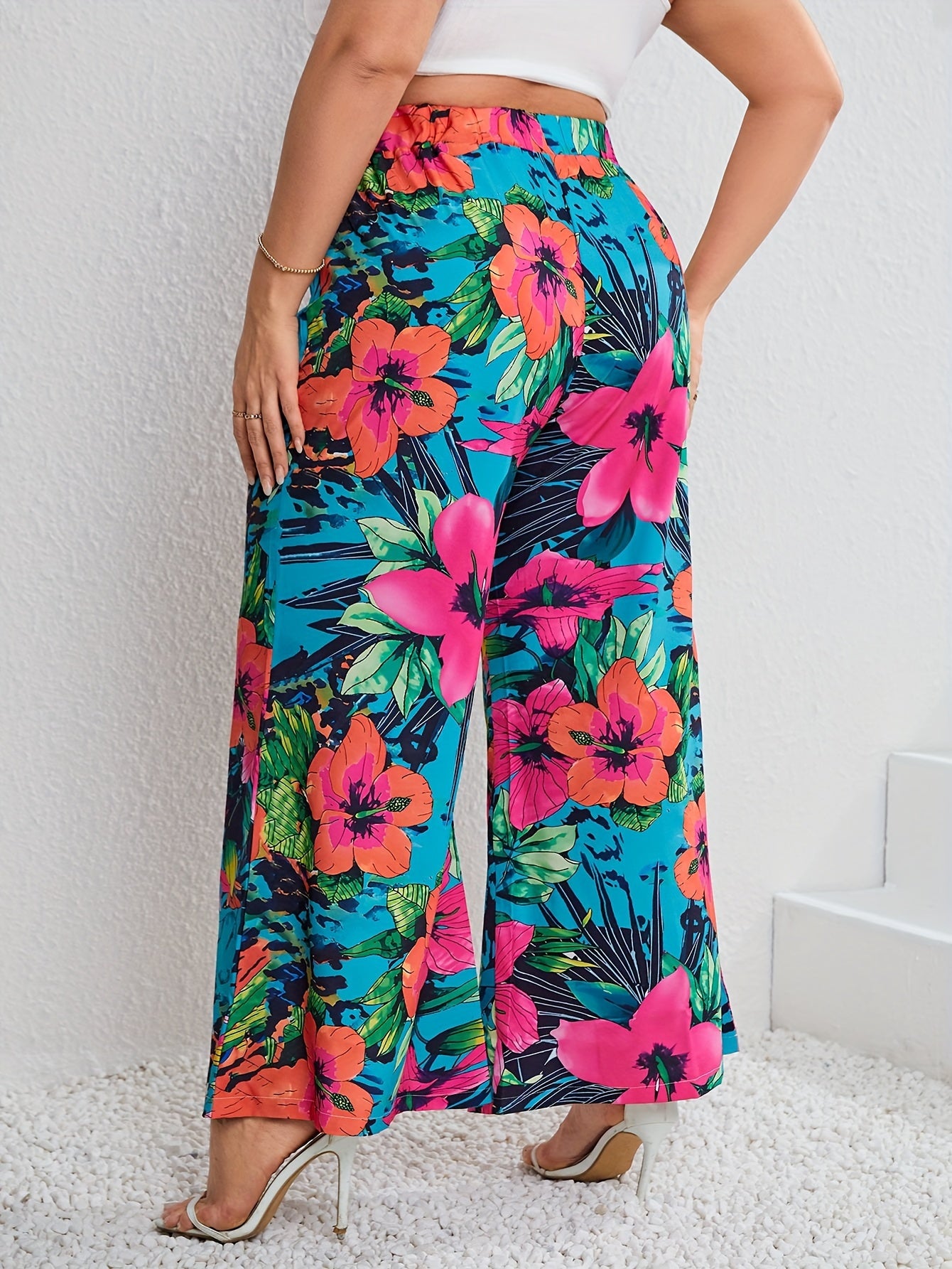  Boho Pants Women's Plus Floral Print Wide Leg Trousers