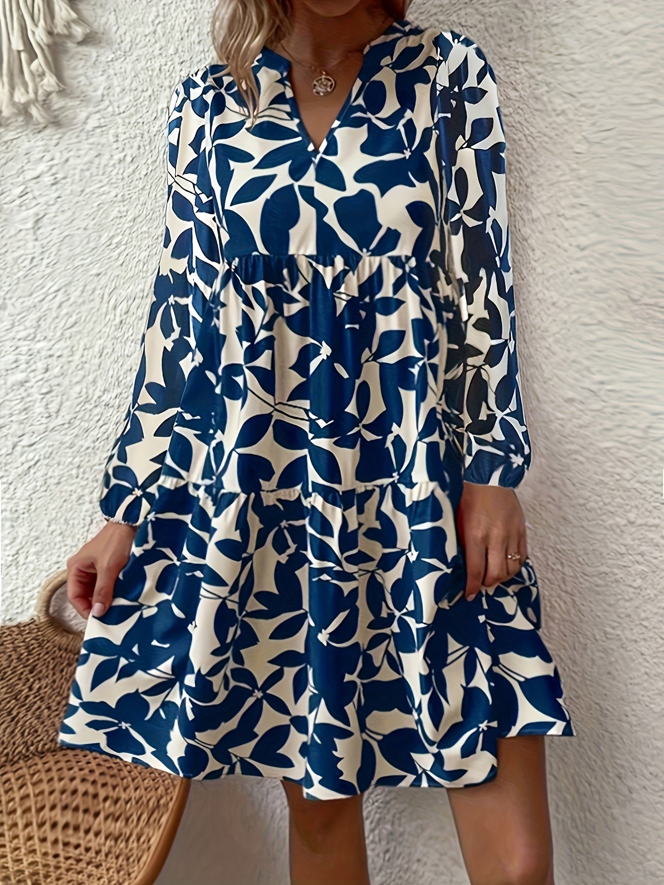  Leaf Print Long Sleeve Casual Dress