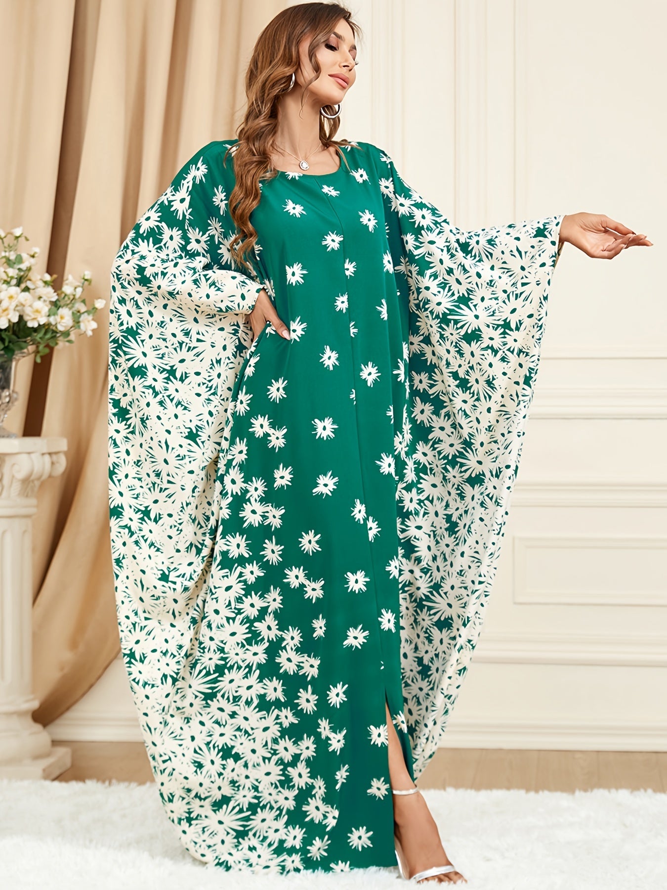  Abaya Dress Women's Plus Ditsy Floral Print Bat Sleeve