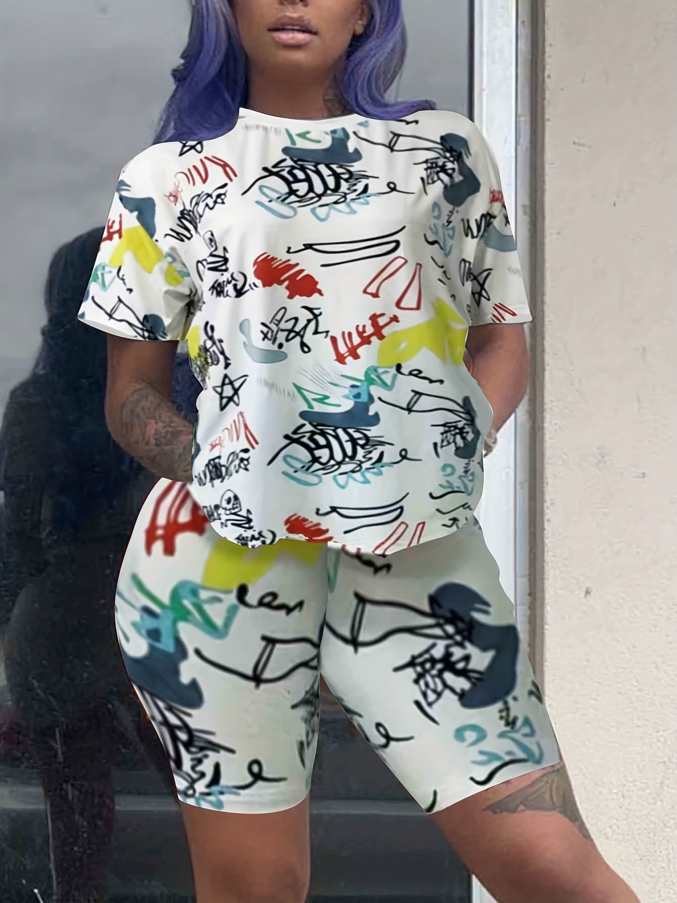  Allover Print Crop Top & Shorts 2 Piece Set