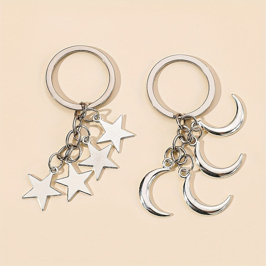 Pentagram Moon Star Keychain Pendant for Couples