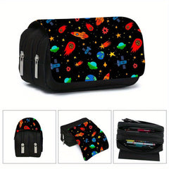 Space Theme Pencil Case with Double Zippers for School Supplies Storage