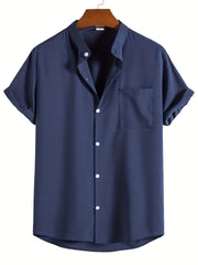 Men's Band Collar Short Sleeve Button Up Solid Shirt