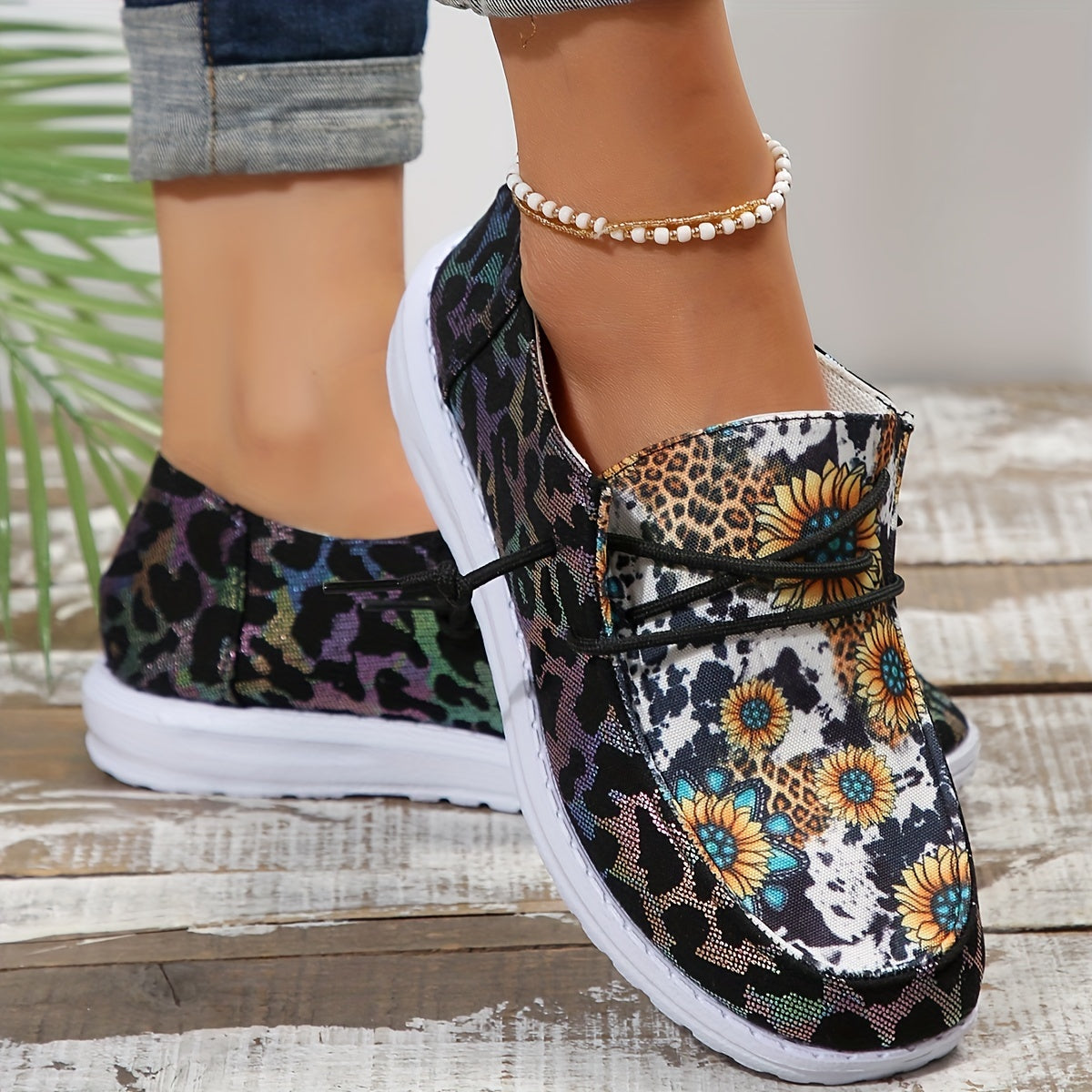Sunflower & Leopard Print Women's Sneakers Lightweight Walking Shoes