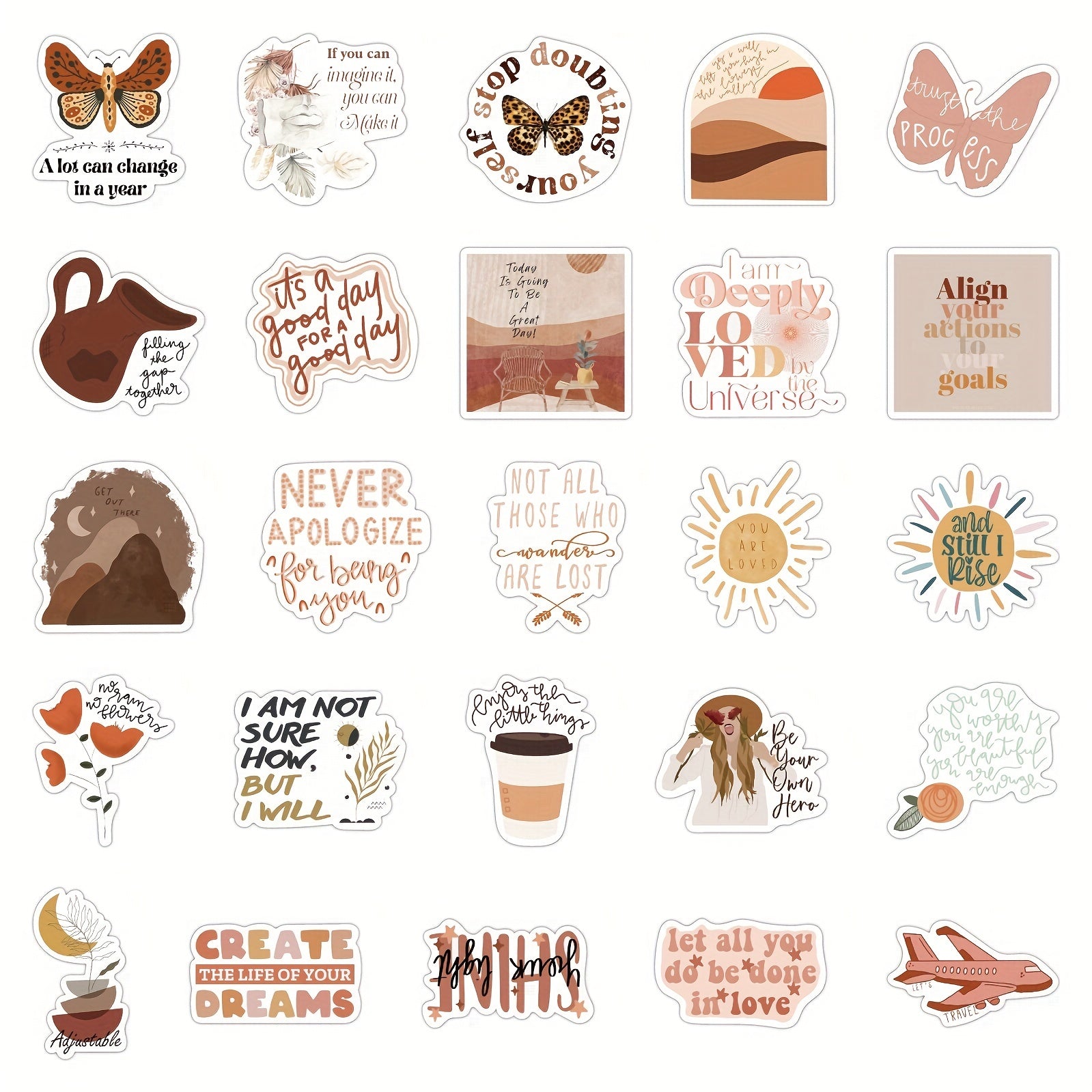 50pcs Boho Inspirational Stickers | Motivational Quote Stickers Vinyl Waterproof
