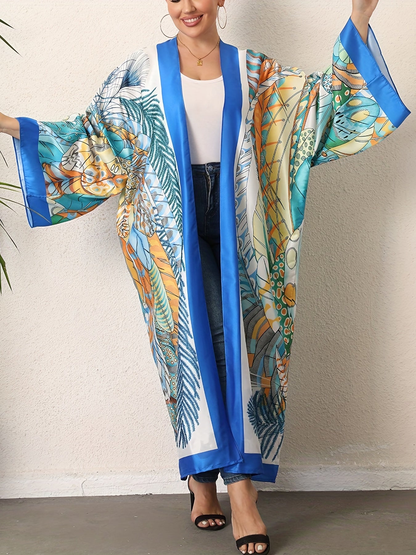  Boho Kimono Tropical Print Long Sleeve Beach Cover Up