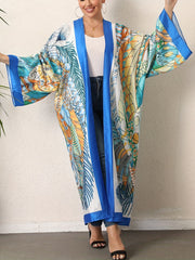  Boho Kimono Tropical Print Long Sleeve Beach Cover Up